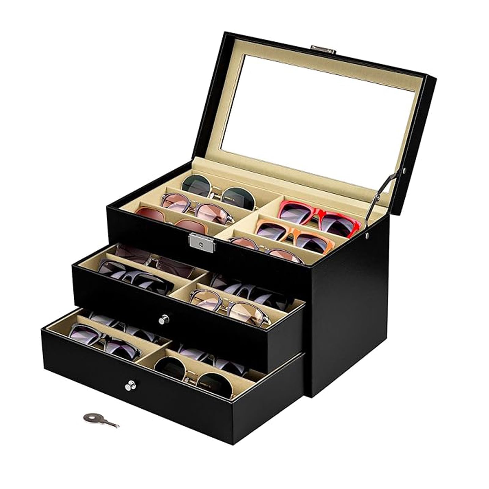 KingSaid Caja Organizadora de Gafas con Tapa de Cristal y Cajones – Estuche Expositor de Gafas de Sol y Joyas, Cuero Sintético Premium, Gran Capacidad, para Hombre y Mujer (Una planta) — view 7