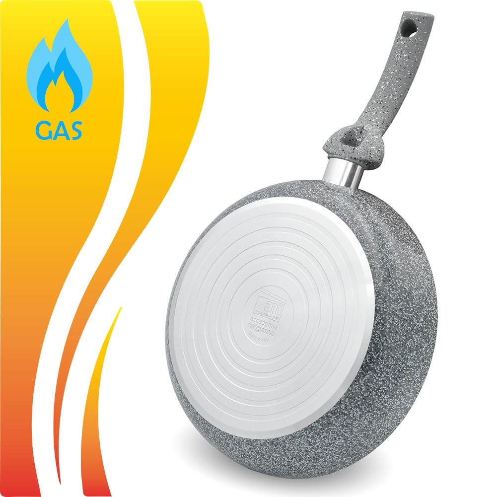BAKAJI Juego de 3 sartenes de piedra, diámetro 20, 24 y 28 cm, revestimiento efecto piedra, antiadherente, con mango ergonómico Soft Touch Stone Effect, cuerpo de aluminio de 6 capas