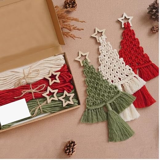 mdgfge 3 Pack Christmas Tree DIY Macrame Kit, Christmas Macrame Woven Boho Christmas Tree Decorative Hanging Ornaments Assembled DIY Kits for Beginners Xmas Holiday Party Wall Hanging Supplies