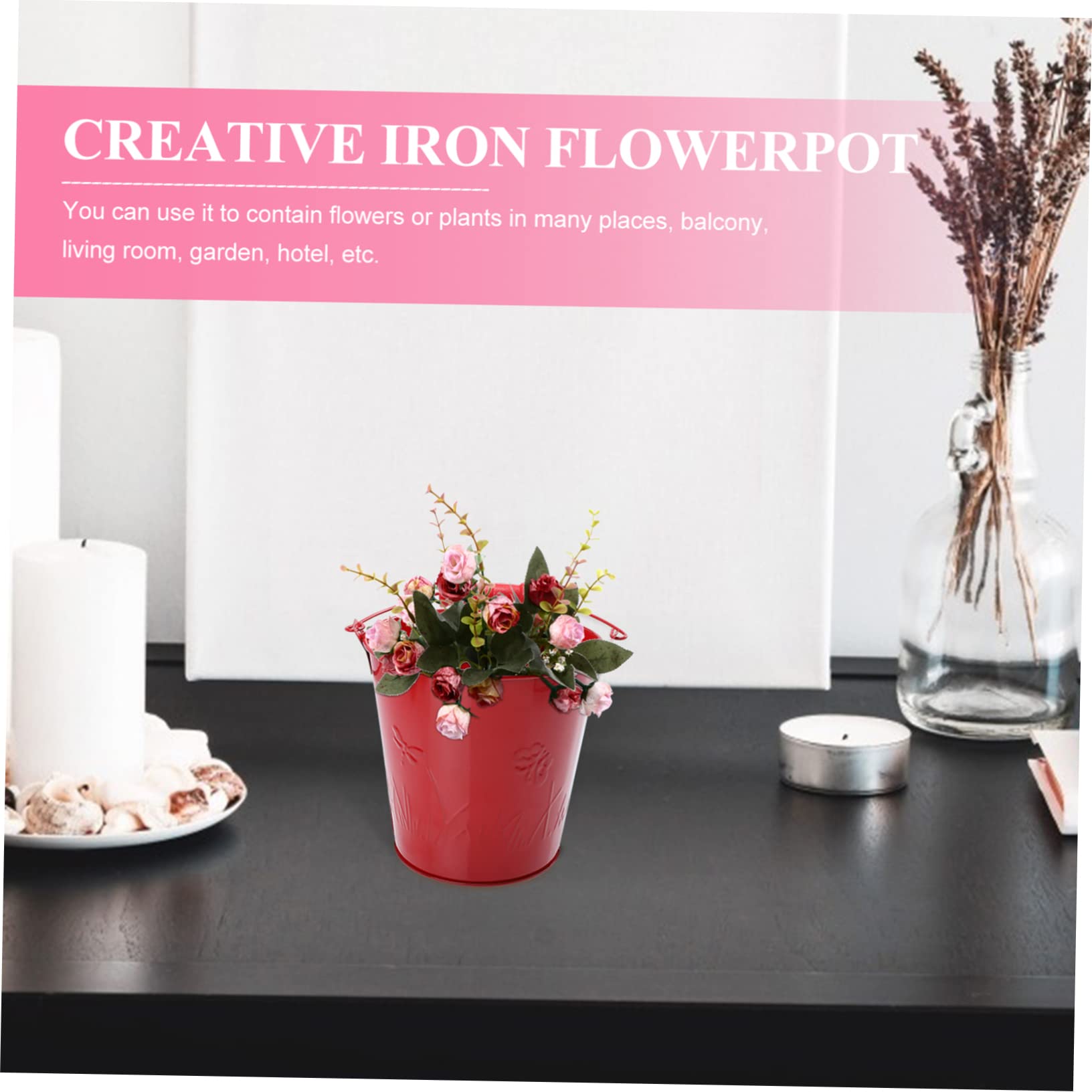 Secchio decorativo per vaso da fiori in metallo con manico nero 14 cm 3 pezzi