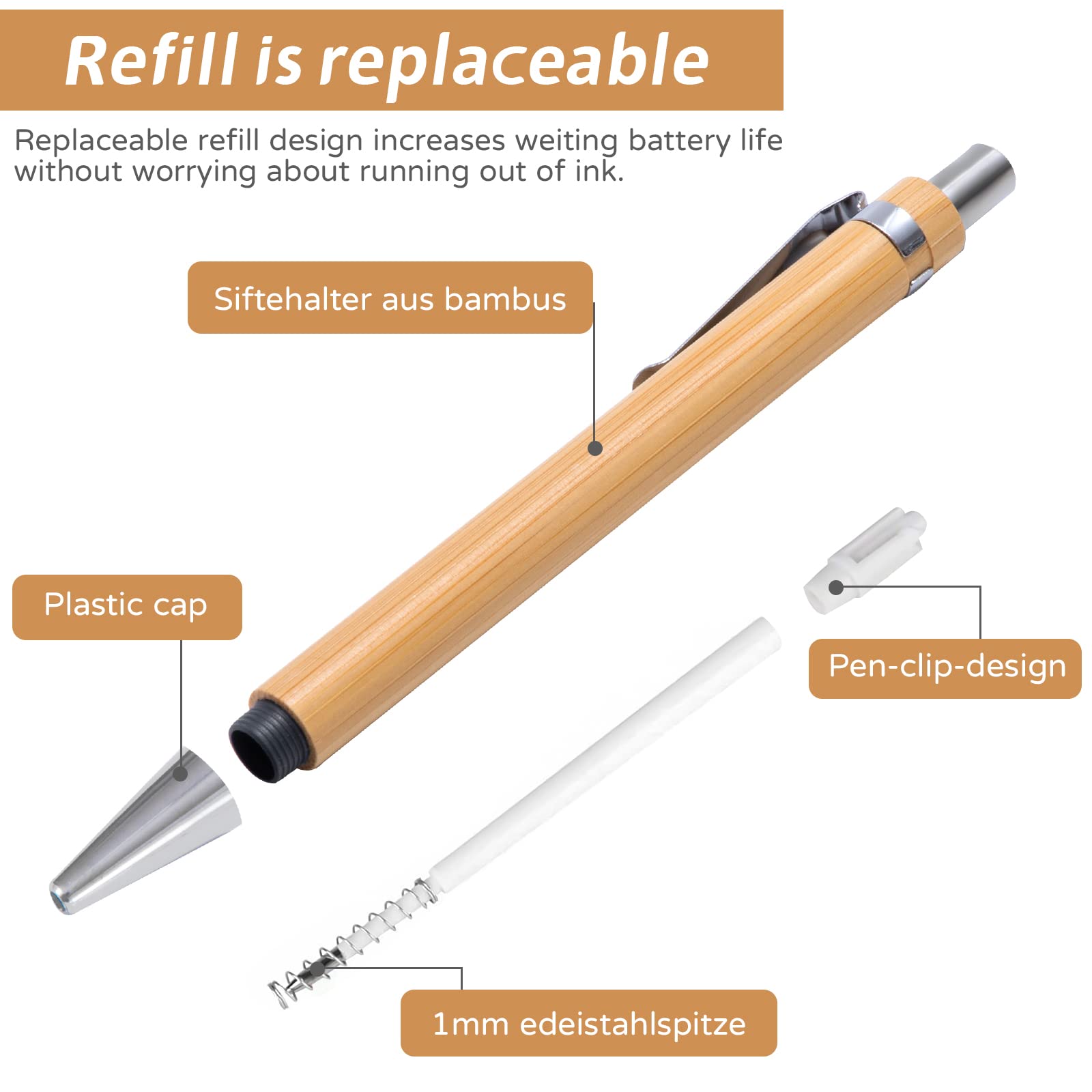 30 Bolígrafos De Bambú Natural Retráctiles (Tinta Negra 1.0mm) – Eco-friendly, Suaves Y Perfectos Para Regalar