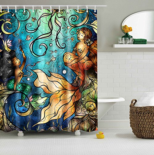 StoneMaxi 180x180cm Bathroom Shower Curtain, 100% Polyester Fabric Waterproof Anti-Mould Proof Mildew Resistant, Washable, Quick-Drying, with 12 Pcs Hooks (72 x 72 Inch) (Mermaid)