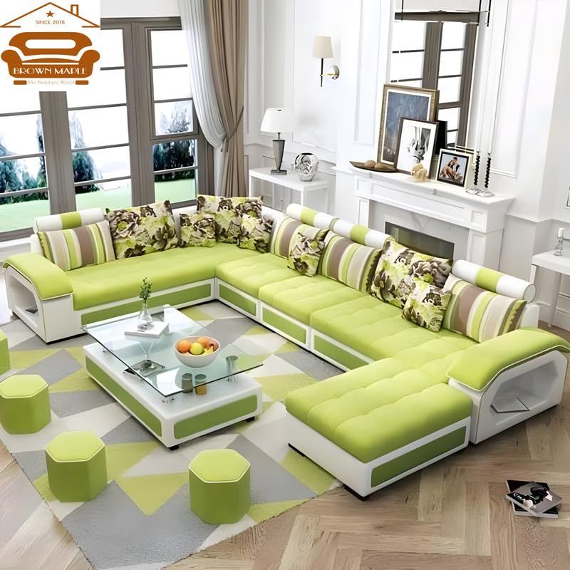 Image of Brown Maple U-Shape Sectional Sofa Set for Home | 10-Seater Fabric Sofa with Tea Table & 4 Puffy | Spacious Seating for 14 Persons | Pre-Assembled, Modern Comfort Design(Green)