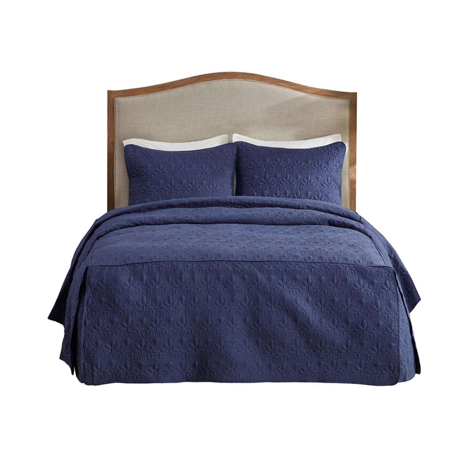 madison park quebec split corner quilted bedspread classic traditional design all season, lightweight, bedding set, matching shams, queen(60" x80+24d), damask quilted navy 3 piece