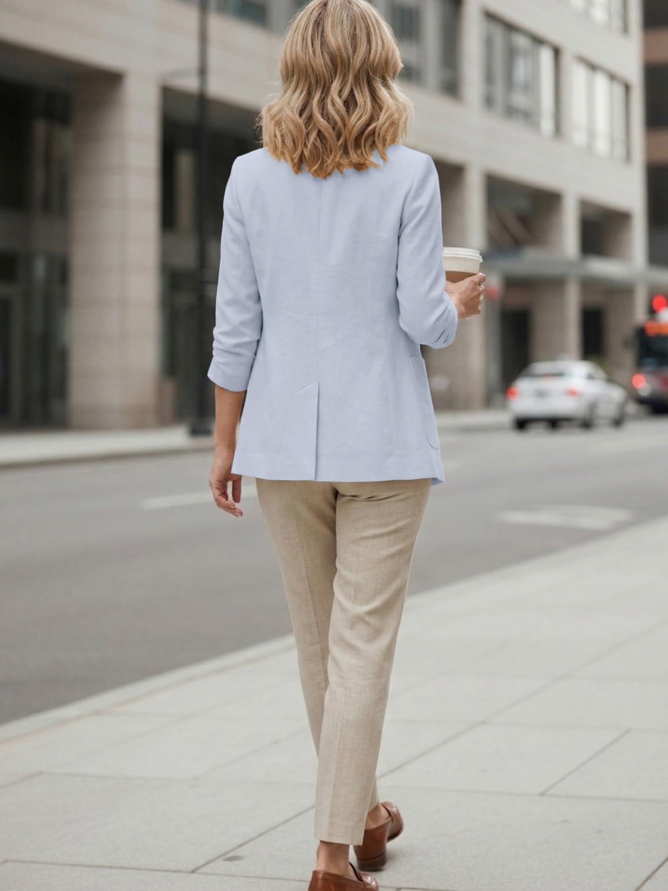 Mina Self 2026 Sommer-Leinen-Blazer für Damen, 3/4-Ärmel, gerüschte Ärmel, leicht, atmungsaktiv, Business-Casual-Arbeitsjacken, Tasche