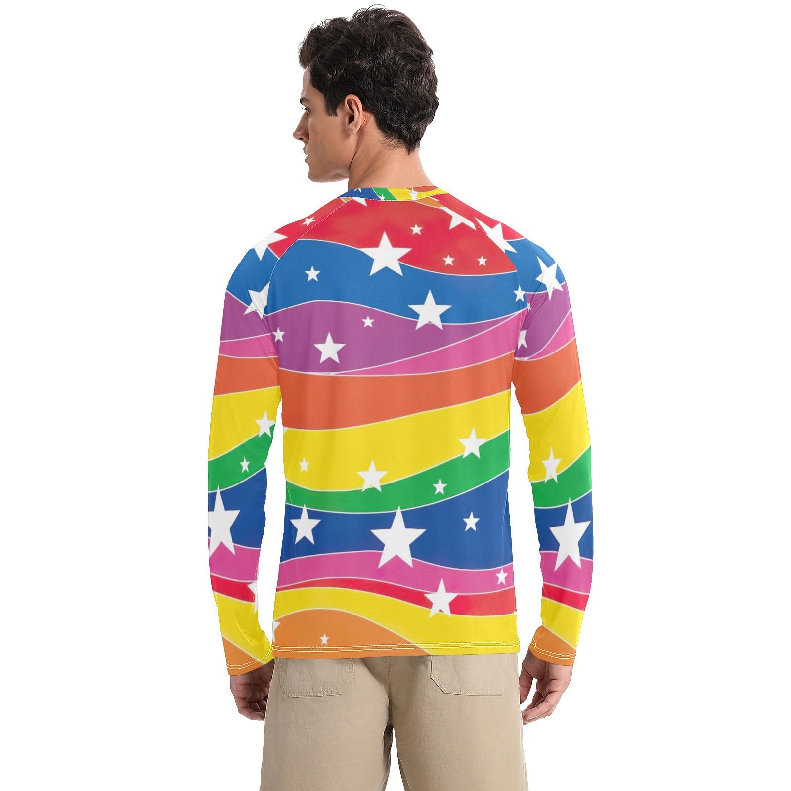 Rainbow Stripes Stars Rash Guard Men UV Protection UPF 50+ Sun Shirt Long Sleeve Quick Dry Swim Shirts, X-Large
