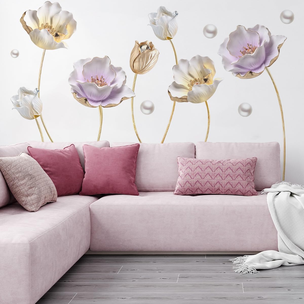 Runtoo 3D Flower Wall Stickers Gold Lotus Floral Wall Art Decals for Living Room Bedroom TV Background Wall Decor - Image 2