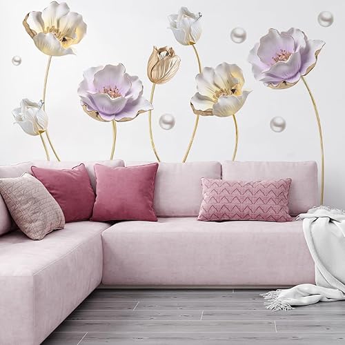 Miniatura 2 de Runtoo Calcomanías de pared 3D con flores doradas, diseño de loto dorado, para sala de estar, dormitorio, TV, fondo, decoración de pared