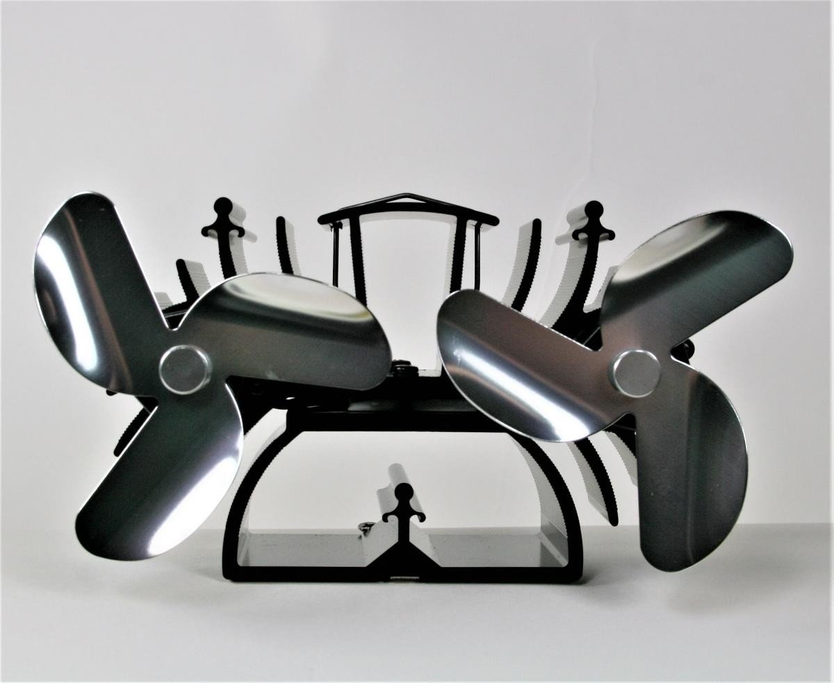 Ventilator für Kaminöfen, Ofenventilator, Kaminventilator, silber 6 Rotorblätter, 13 cm umweltfreundlich- stromlos Doppelventilator
