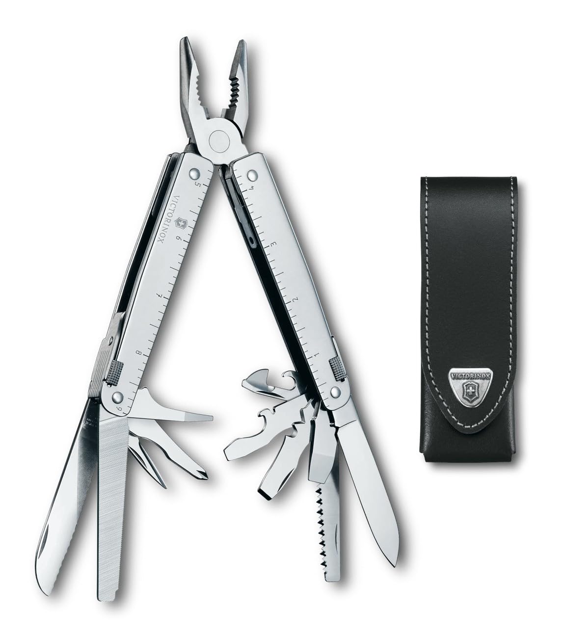 Victorinox Swiss Tool Couteau de Poche Suisse, Couteau Multifonction, 26 Fonctions, Tire Bouchon, Lame Fixe, Etui, Argent