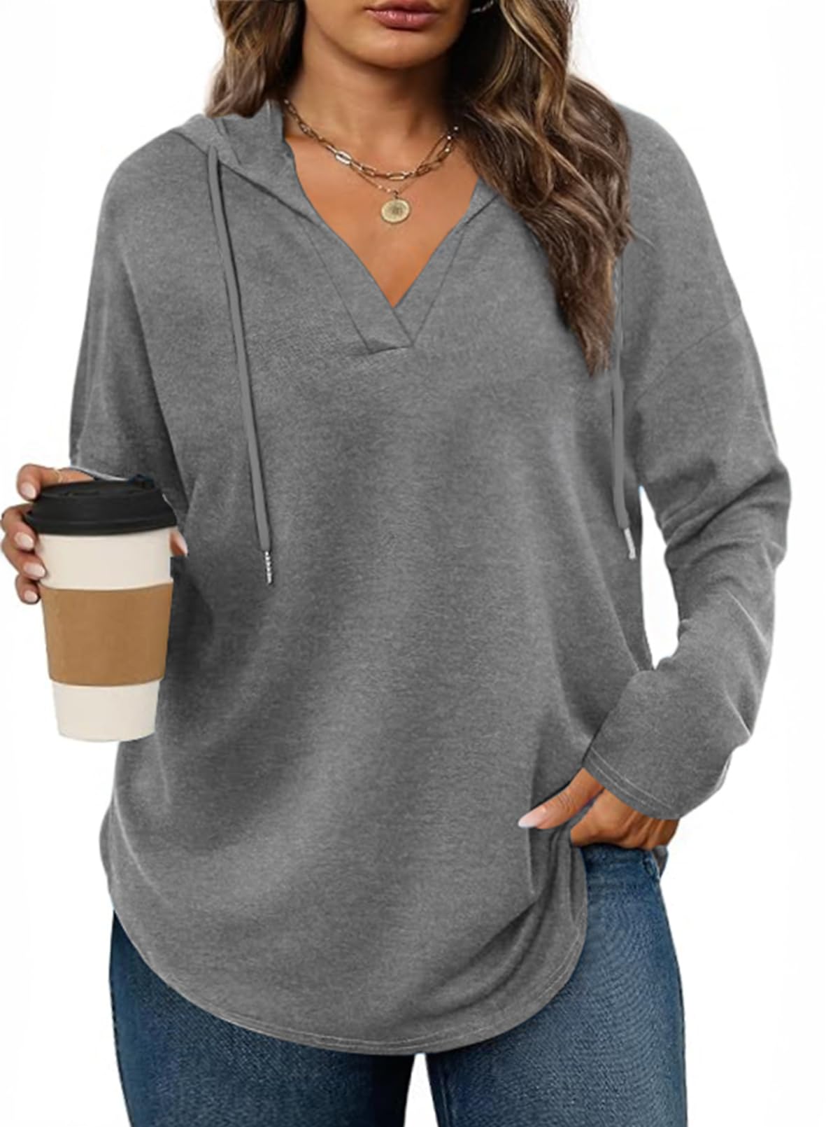 Eytino Plus Size Sweatshirts for Women Long Sleeve V Neck Drawstring Pullover Hoodies Tops(1X-5X)