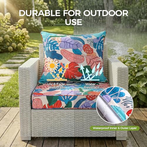 Image of UNIKOME 22 inchx22 inchx3 inch Outdoor Chair Cushions Set - Waterproof Patio Cushions for Outdoor Furniture with Removable Cover, Ties & Handle, Deep Seat Patio Cushions for Sofa Couch - Colorful Leaves