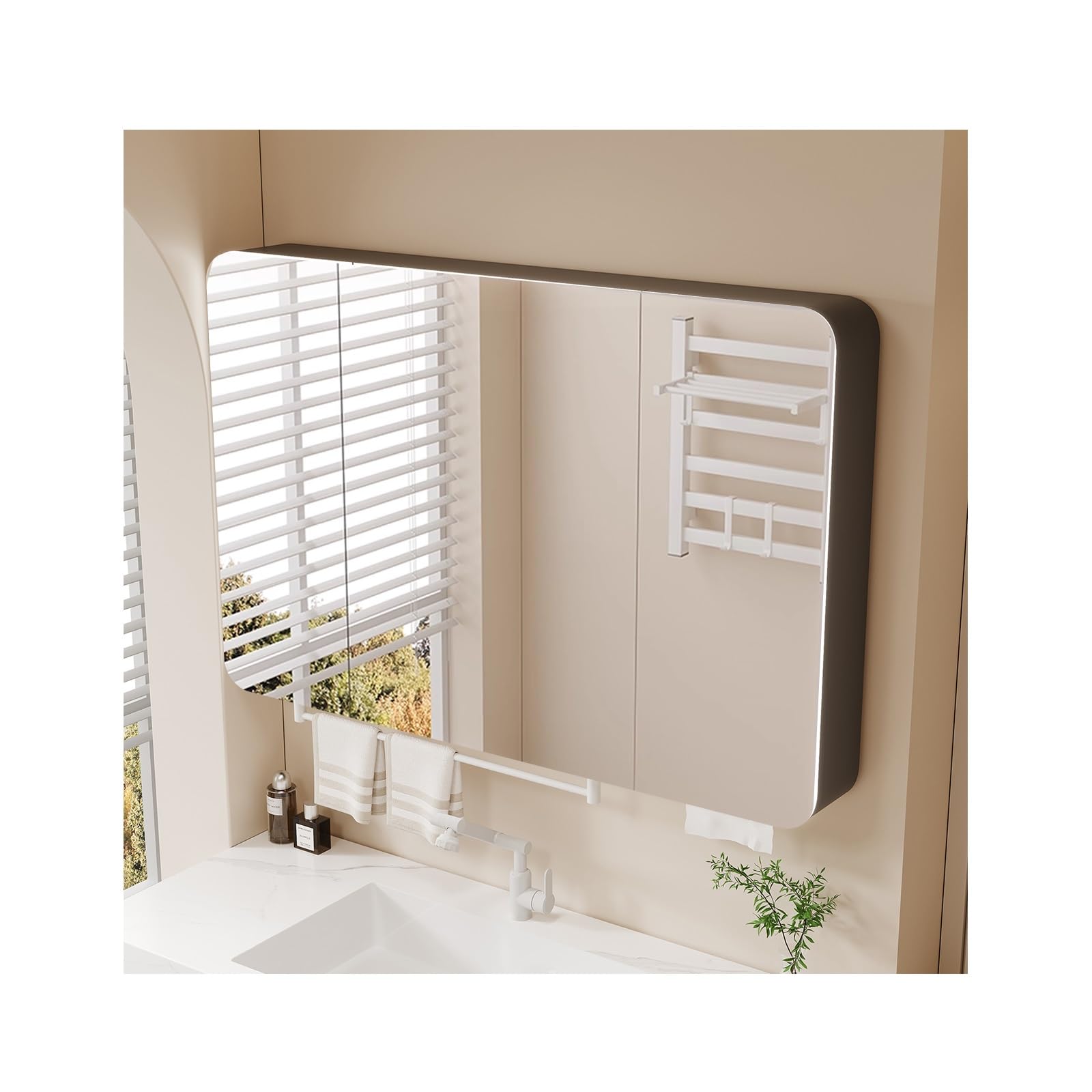 BKSXSOP Gray Wall-Mounted Mirror Cabinet with Light, 90cm Waterproof Multi-Layer Storage for Bathroom, nizer Toiletries and Medicines, Stylish Functional Design.