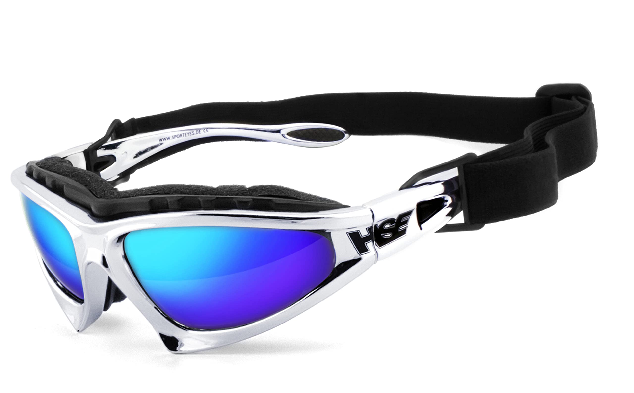 HSE SportEyes® | beschlagfrei, winddicht, HLT® Kunststoff-Sicherheitsglas nach DIN EN 166 | Sportbrille, Radbrille, Sonnenbrille | Brille: 2050 (blau verspiegelt - Chrom)