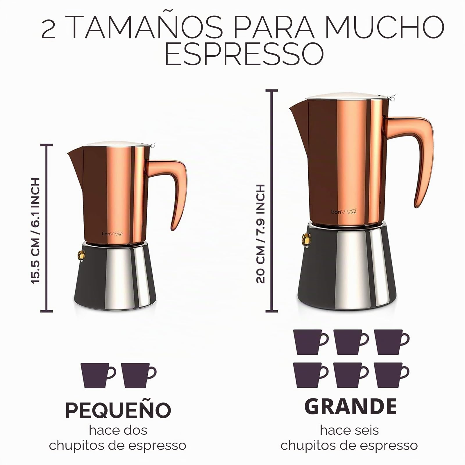bonVIVO Cafetera Italiana – Cafetera Moka de Acero Inoxidable para Café Espresso – 6 Tazas – Compatible con Inducción, Vitrocerámica, Gas y Eléctrica – Color Cobre Elegante