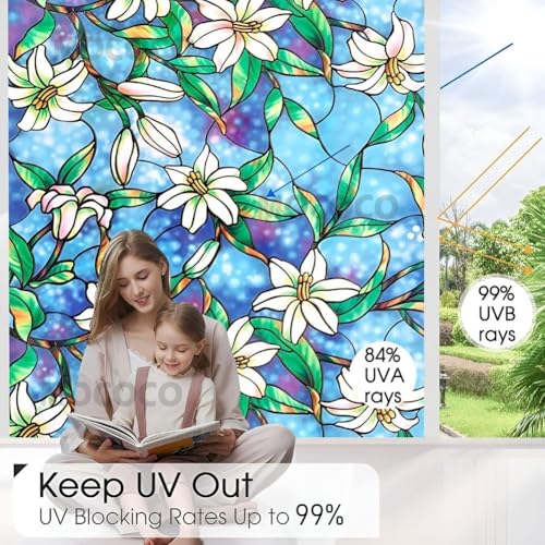 Image of MOCOCO Premium Vinyl Privacy Stained Window Glass Sticker (16x60 Inch) - Self-Adhesive Decorative Film Opaque Sheet Tint Wallpaper for Glass Cover Window, Door, Office.| Anti-UV. Blue Lily Flowers