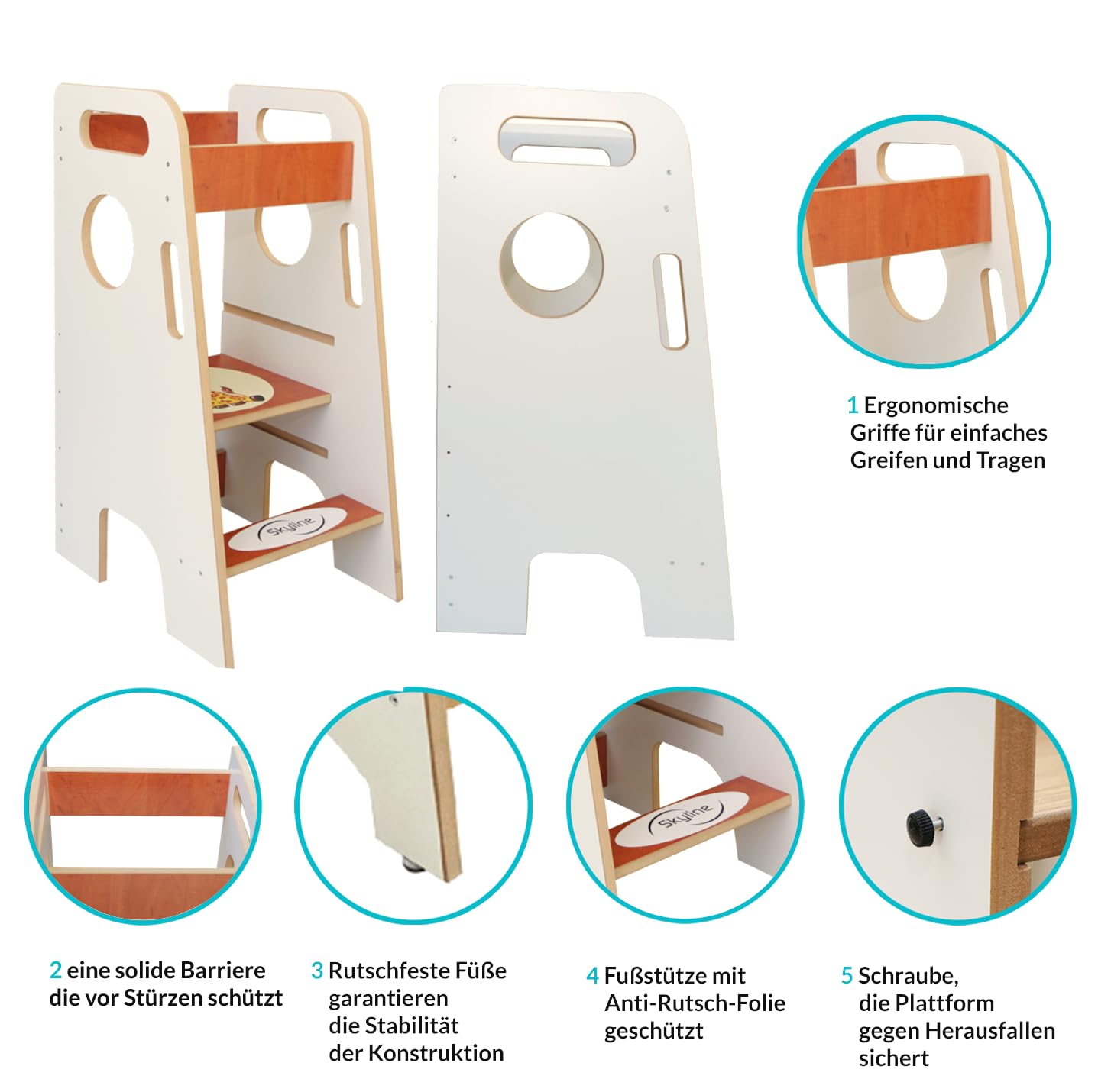 Skyline Torre Di Apprendimento Montessoriana Pieghevole 3-in-1 | Kitchen Helper In Legno Con Altezza Regolabile | Scivolo E Tavolino Convertibile | Bianco/Nero