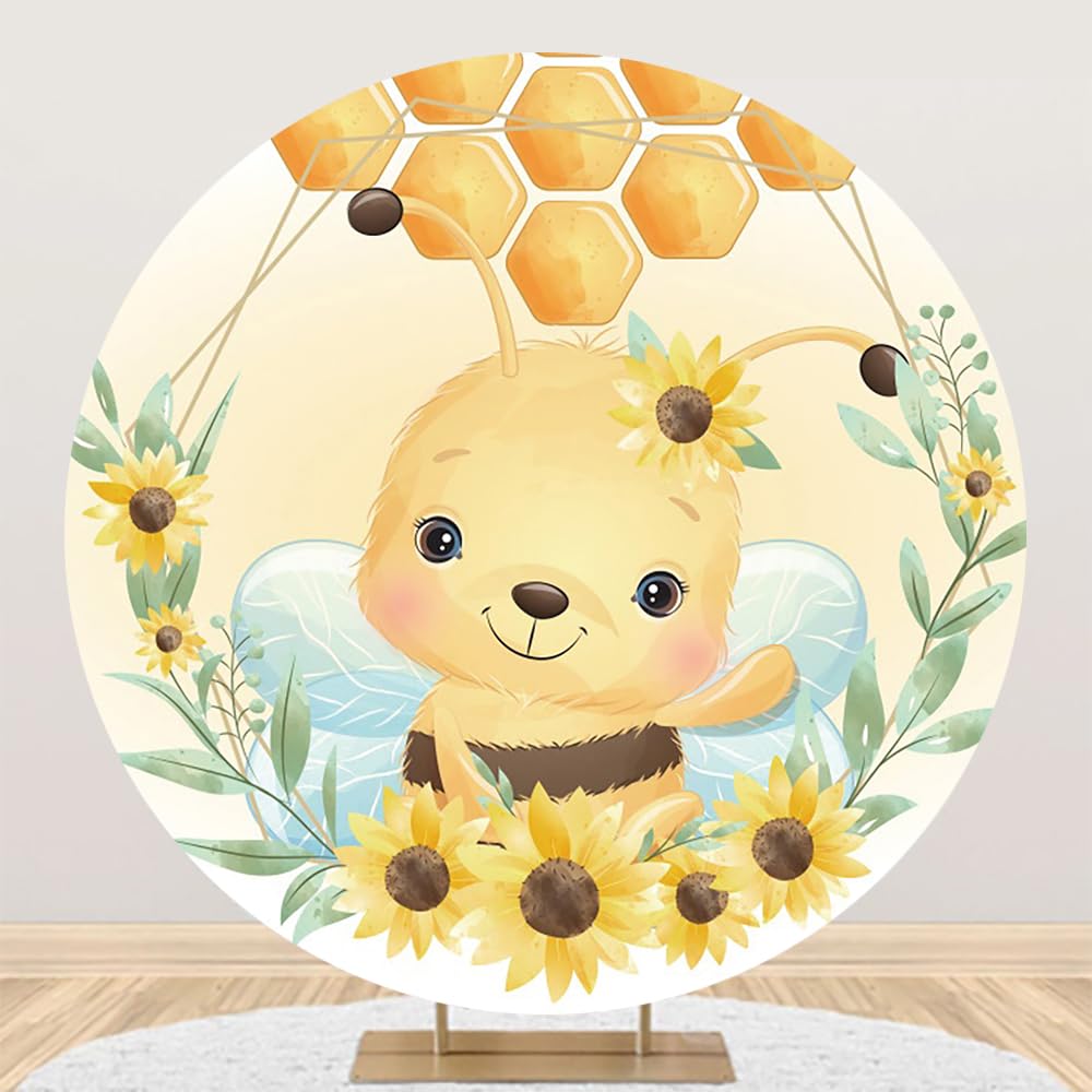 Renaiss 7x7ft Honey Bee Round Backdrop Cover for Photoshoot Baby Kids Portrait Sunflower Garland Circle Photography Background Baby Shower Newborn