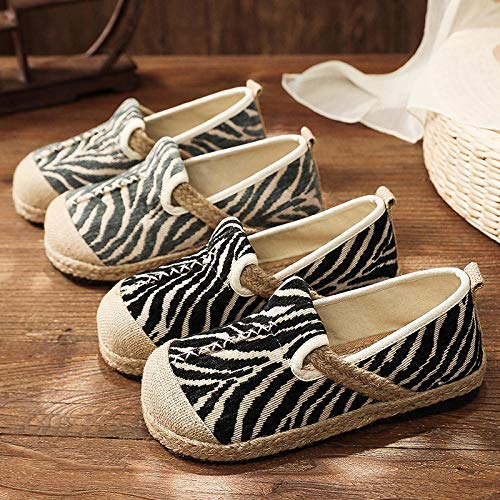 Flats Women Shoes Striped Casual Embroider Round Toe National Style Handmade Concise Linen Ladies Shoes Embroidered Shoes (Color : Green Size : 9)4