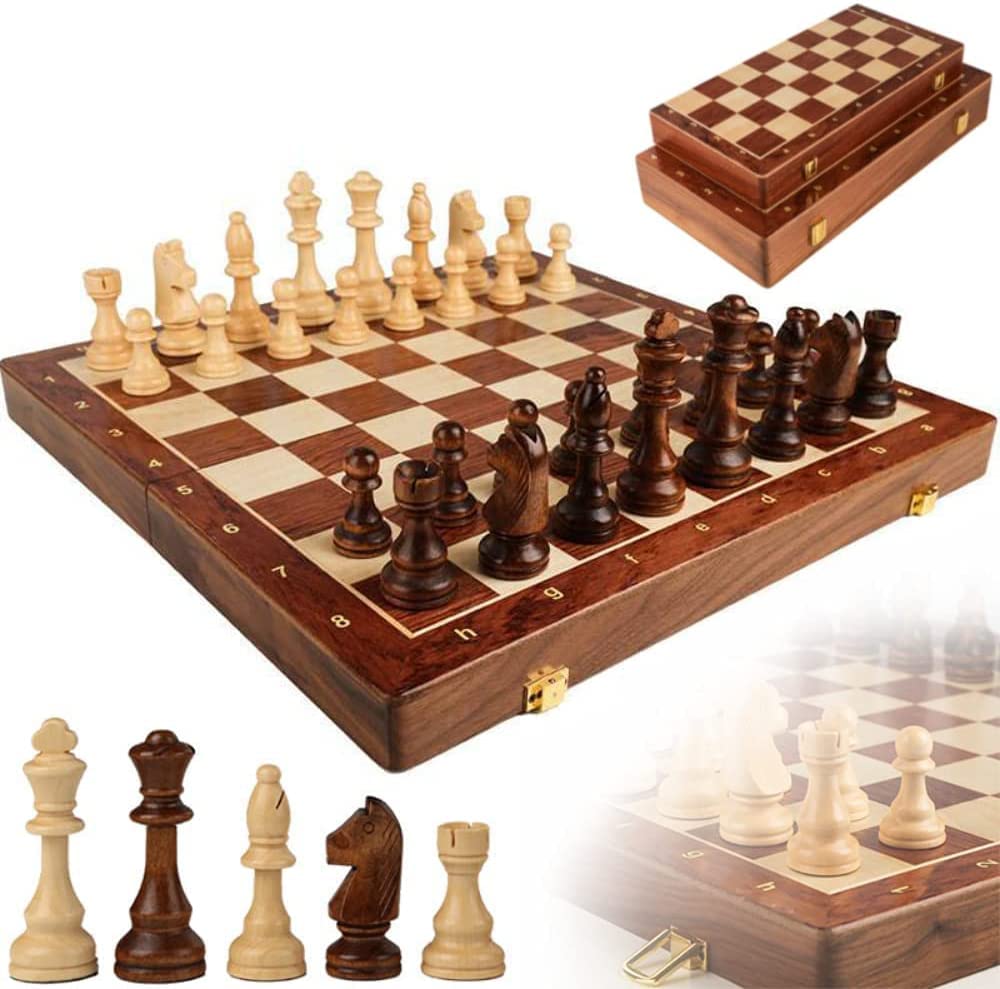 SkadeUpgraded Chess Set, wooden table set,Handmade Portable Travel Chess Game,Wooden Chess Board Game Set with Crafted Chesspiece & Storage Slots for Kids Adult (45 * 45 * 3.5CM)
