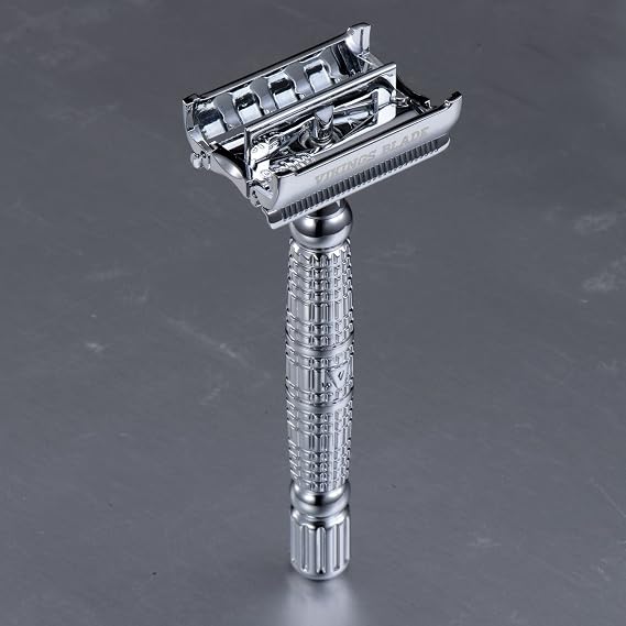 VIKINGS BLADE Double Edge Safety Razor for Men + 5 Swedish Steel Blades + Luxury Case. Long Handle. Smooth, Reusable, Eco-Friendly (The Vulcan)