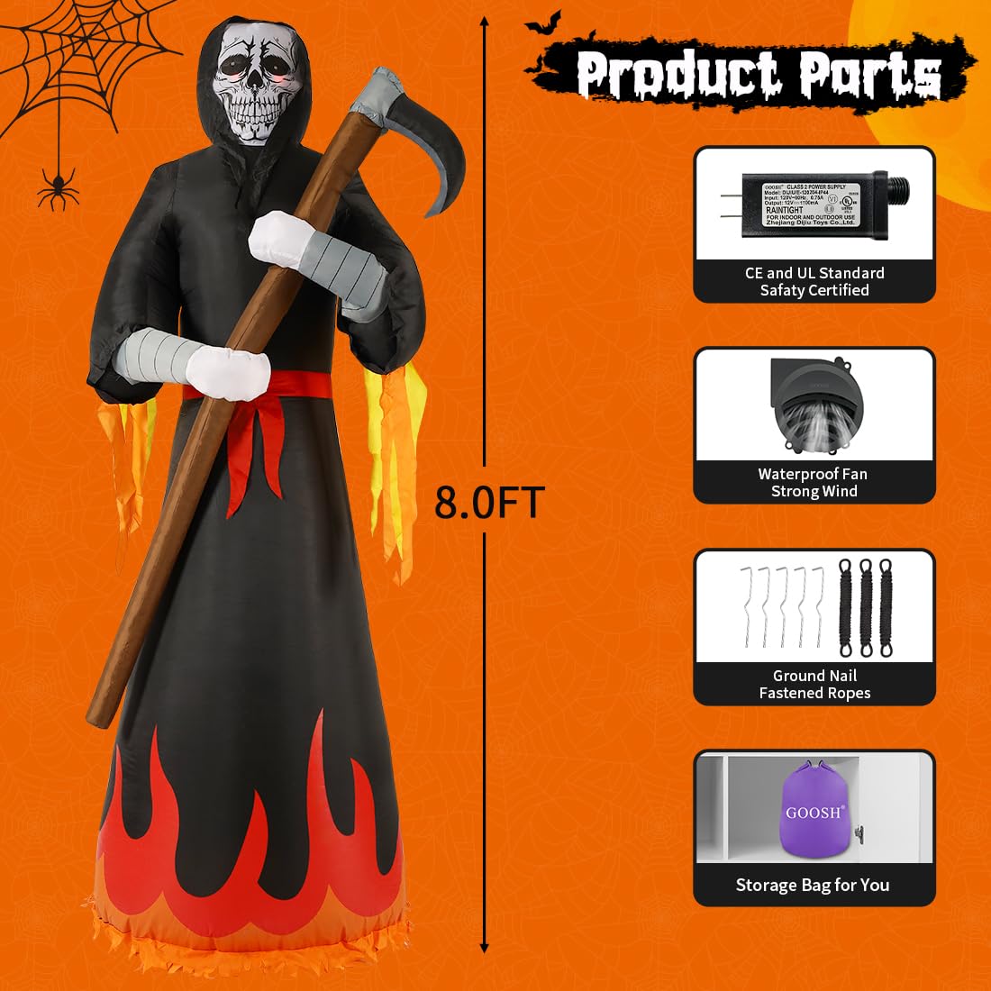 GOOSH Ragno gonfiabile da esterno con luce magica, 2,4 m, per Halloween, decorazione da giardino con luci LED integrate, per vacanze/feste/cortile/ giardino