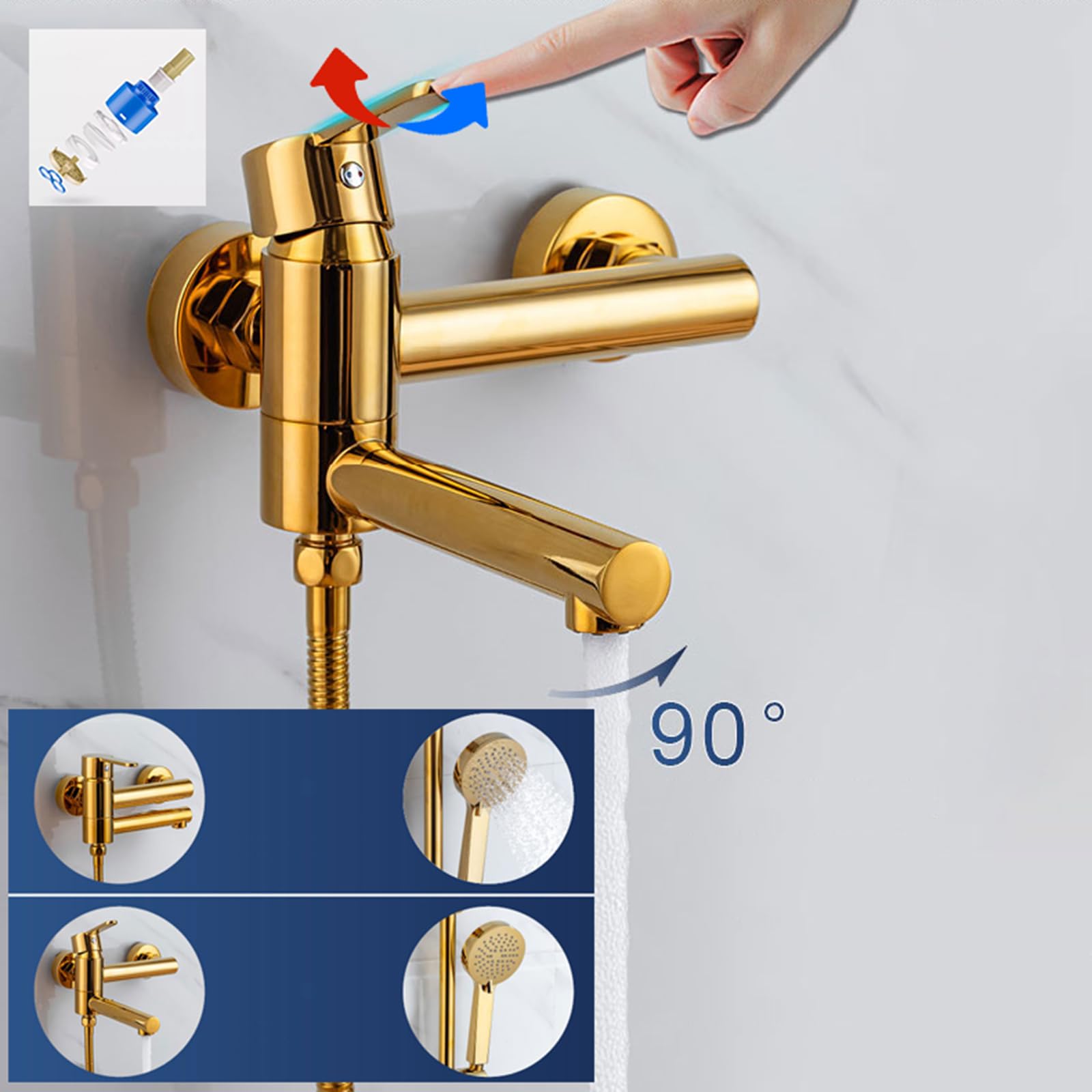 BiaoTeng Grifo de Bañera y Ducha de Pared 3 Modos Oro