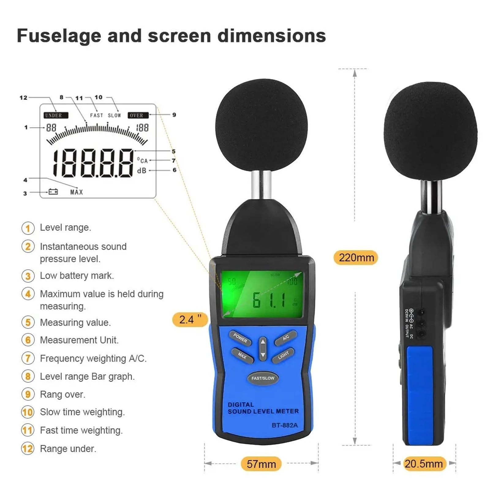 Medidor de Decibelios, Sonómetro de precisión, comprobador digital decibelios for medición volumen ruido 30 a 130 dB con ponderación rápida/lenta CA