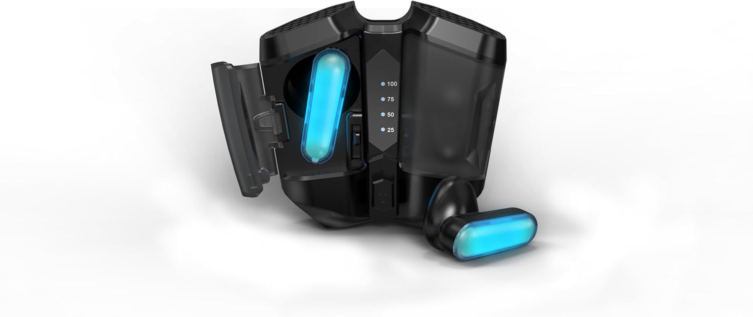 Infinix GTBuds 3 (XE30s) charging case with earbuds inside, showing LED indicators for battery level.