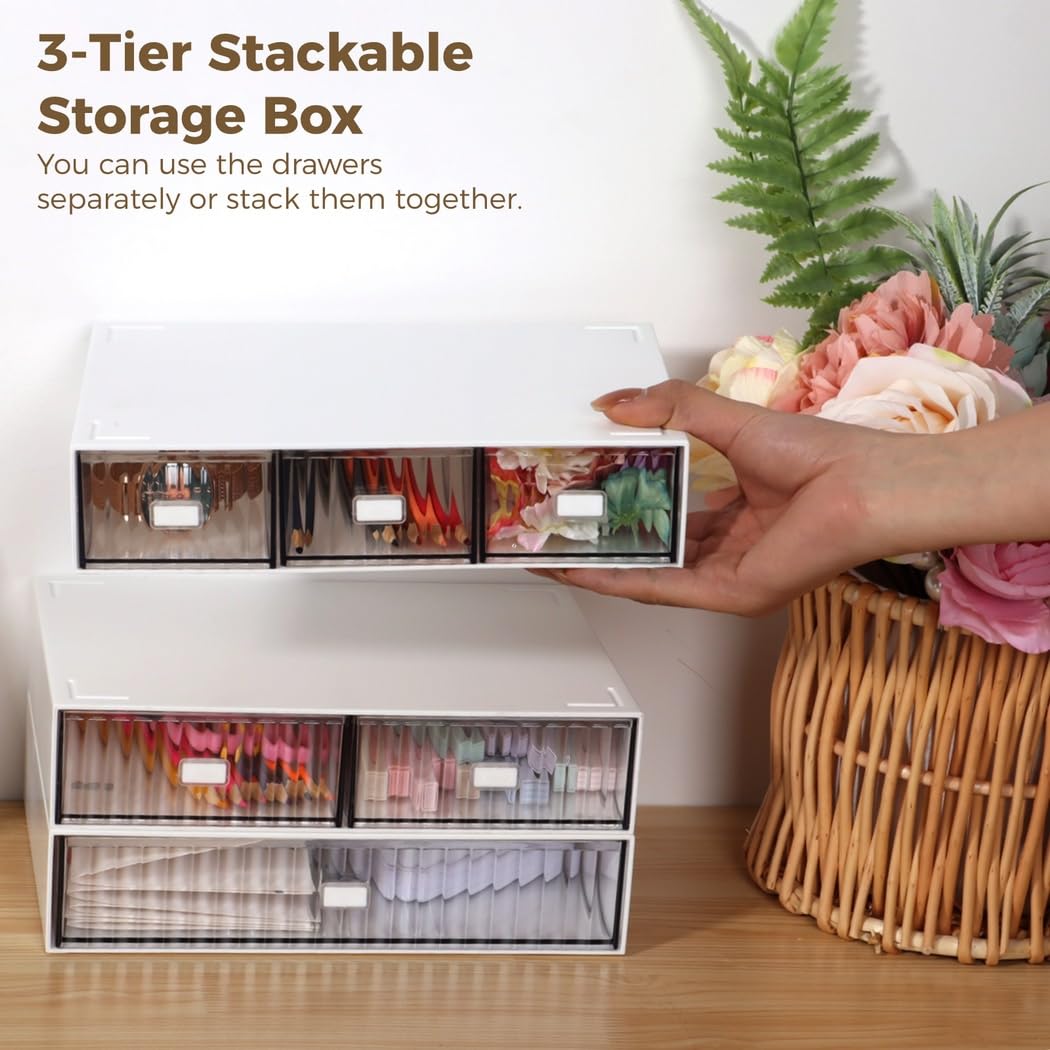 Organizador de escritorio de 6 cajones con diseño apilable de 3 niveles, almacenamiento de maquillaje de plástico transparente, caja de escritorio de oficina y hogar, ideal para organizar