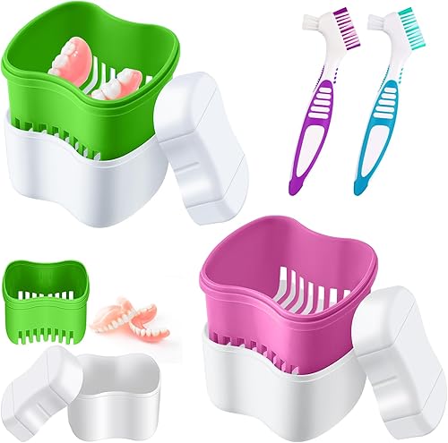 2 cajas de baño de dentadura postiza tazas con 2 cepillos limpiadores de dentadura postiza recipiente con cesta soporte para dentadura postiza