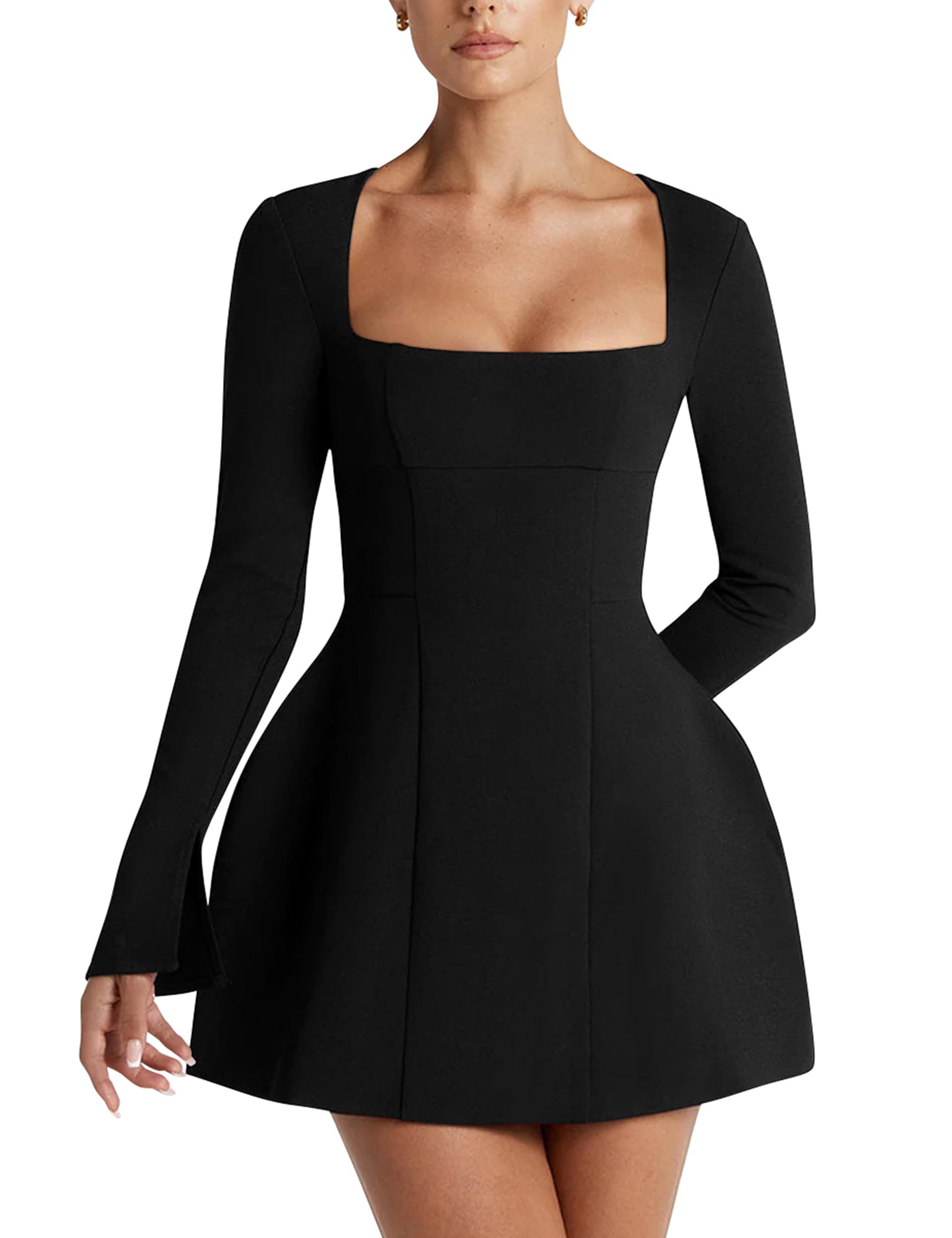 YMDUCH Womens Sexy Long Sleeve Square Neck A-Line Mini Club Prom Dress