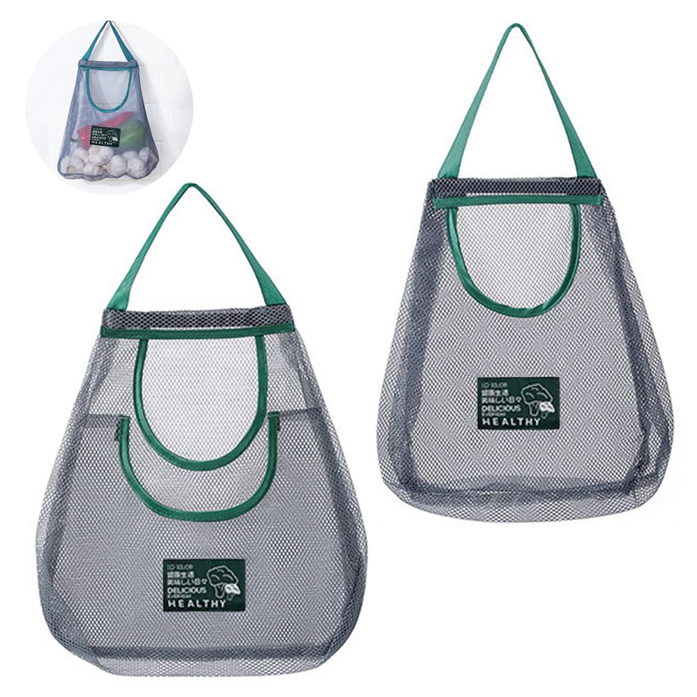 2 Pack Hanging Mesh Storage Bags (Single + Dual Pocket) Reusable Hanging Mesh Storage Produce Bags for Kitchen Storage Fruits, Onion, Garlic &