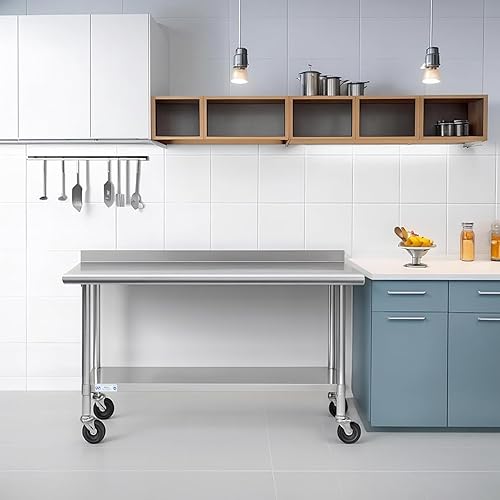 Miniatura 8 de Mesa de acero inoxidable para preparación y trabajo, con ruedas giratorias, mesa resistente, comercial NSF, con estante inferior y protector para