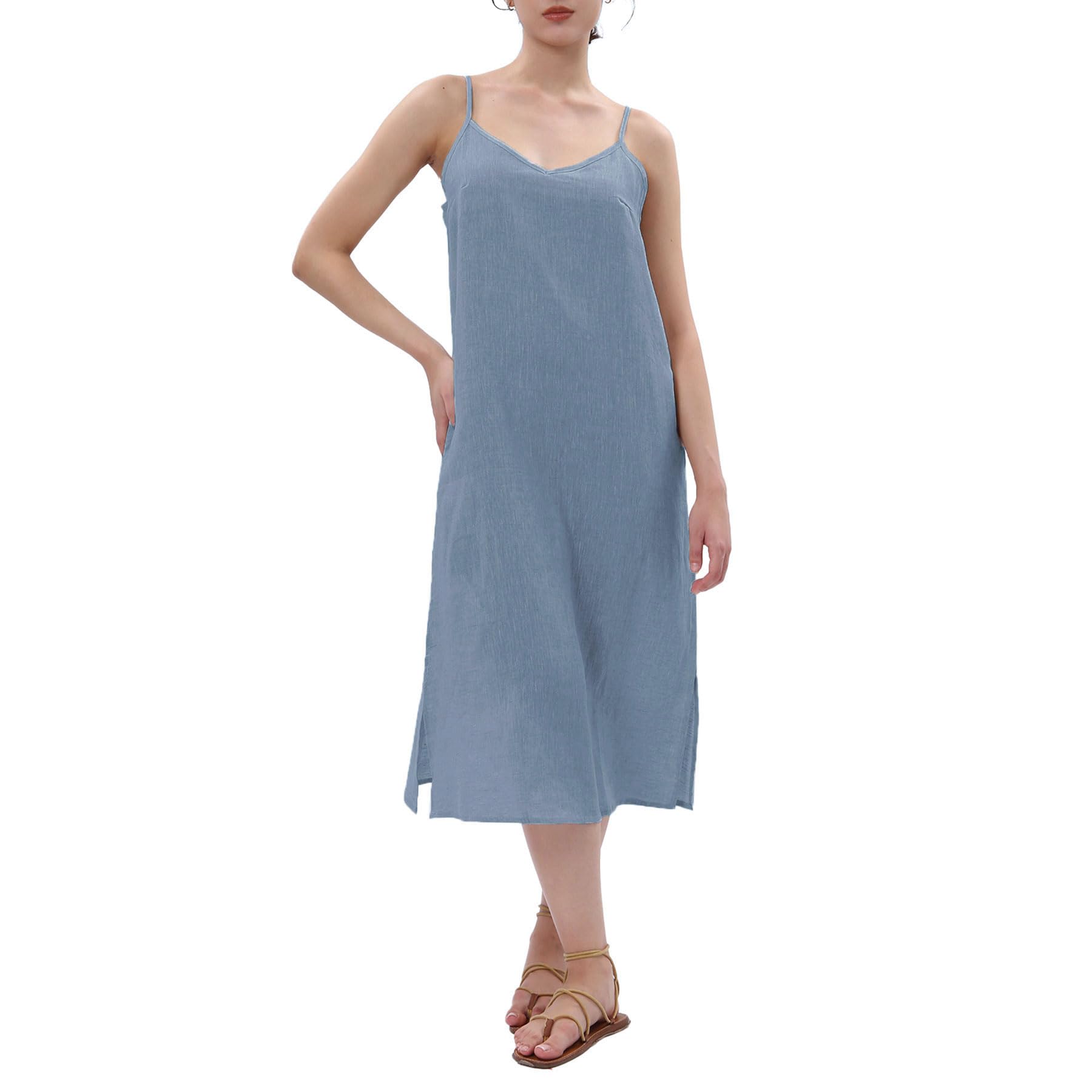 Amazhiyu Women's Pure Linen Summer Midi Split Slip Dress