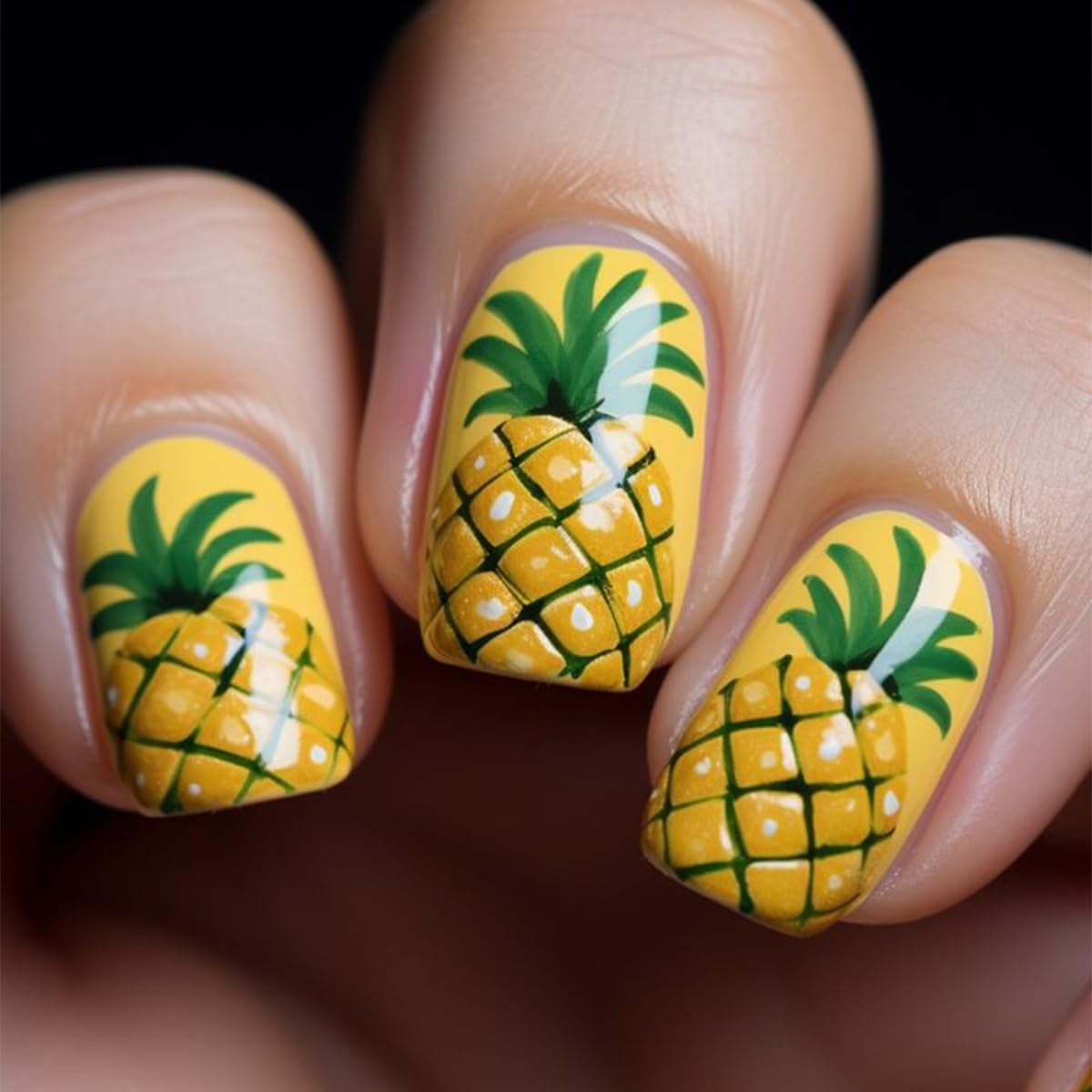 Summer Square Press on Nails Yellow Fake Nails with Pineapple Design Short Medium Acrylic False Nails Glue on Nail Cute Reusable Artificial Glossy