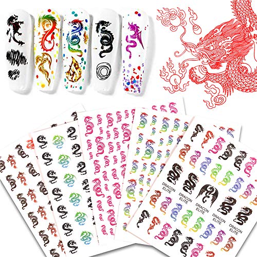 5 Sheets Dragon Nail Art Stickers, 3D Self-Adhesive Dragon Nail Decals Manicure Nail Tip Decoration for Fingernails or Toenails
