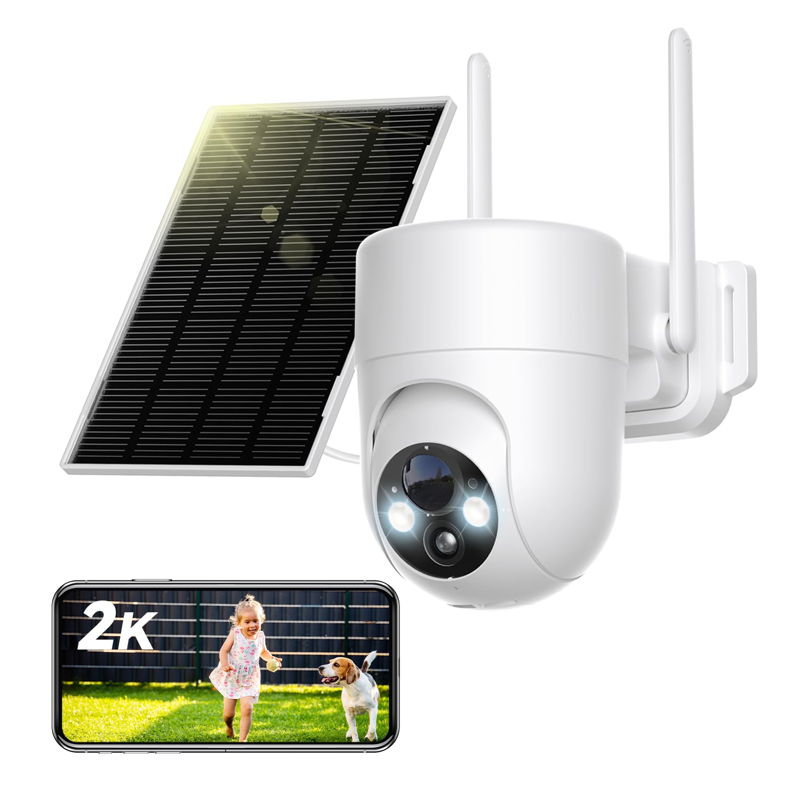 SEHMUA 2K Outdoor WiFi Surveillance Camera Solar with Battery Without Cables | 360° PTZ Cameras with Color Night Vision, Human AI Detection, PIR Detection, Two-Way Audio, 2.4 GHz, IP66
