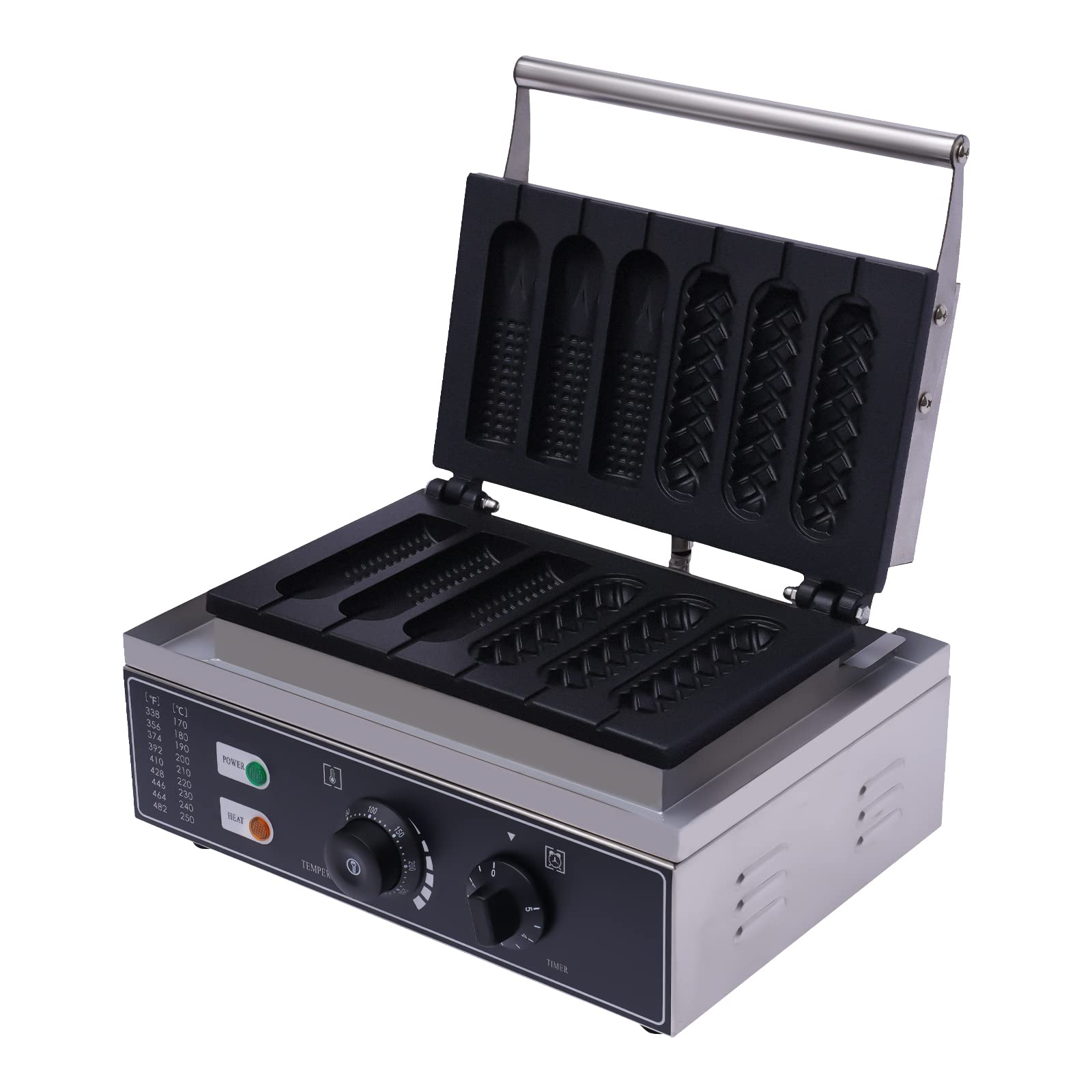 Machine à hot-dog électrique 1500 W en acier inoxydable, contrôle de la température de 50 à 300 °C, avec minuterie de 5 minutes et 6 moules à hot-dog, pour la cuisine domestique, les stands de rue