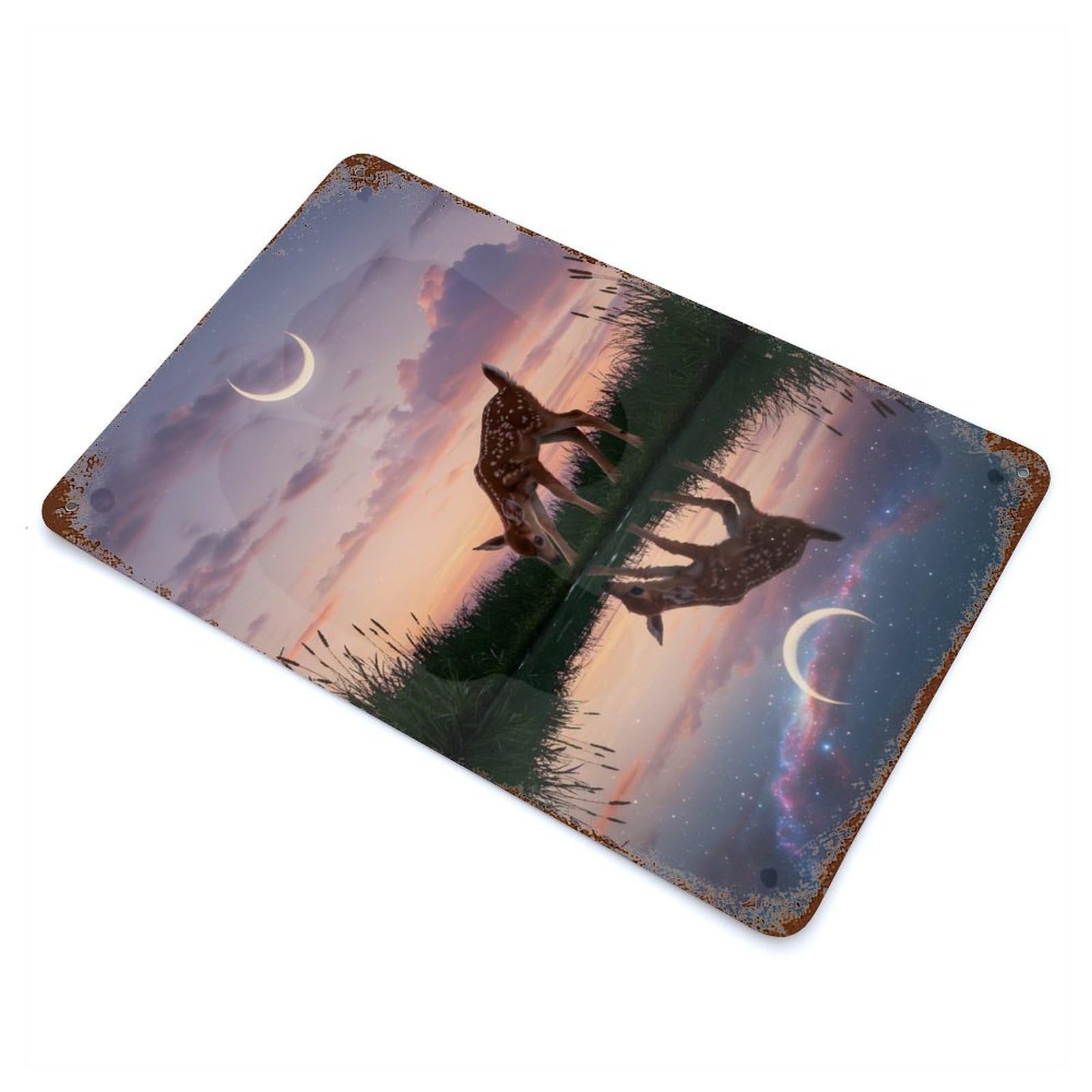 Fawn Drinking at Twilight Reflection Vintage Rust Metal Sign 11.8"x7.9", Classic Wall Plaque for Basement, Hobby Room And Garage Decor