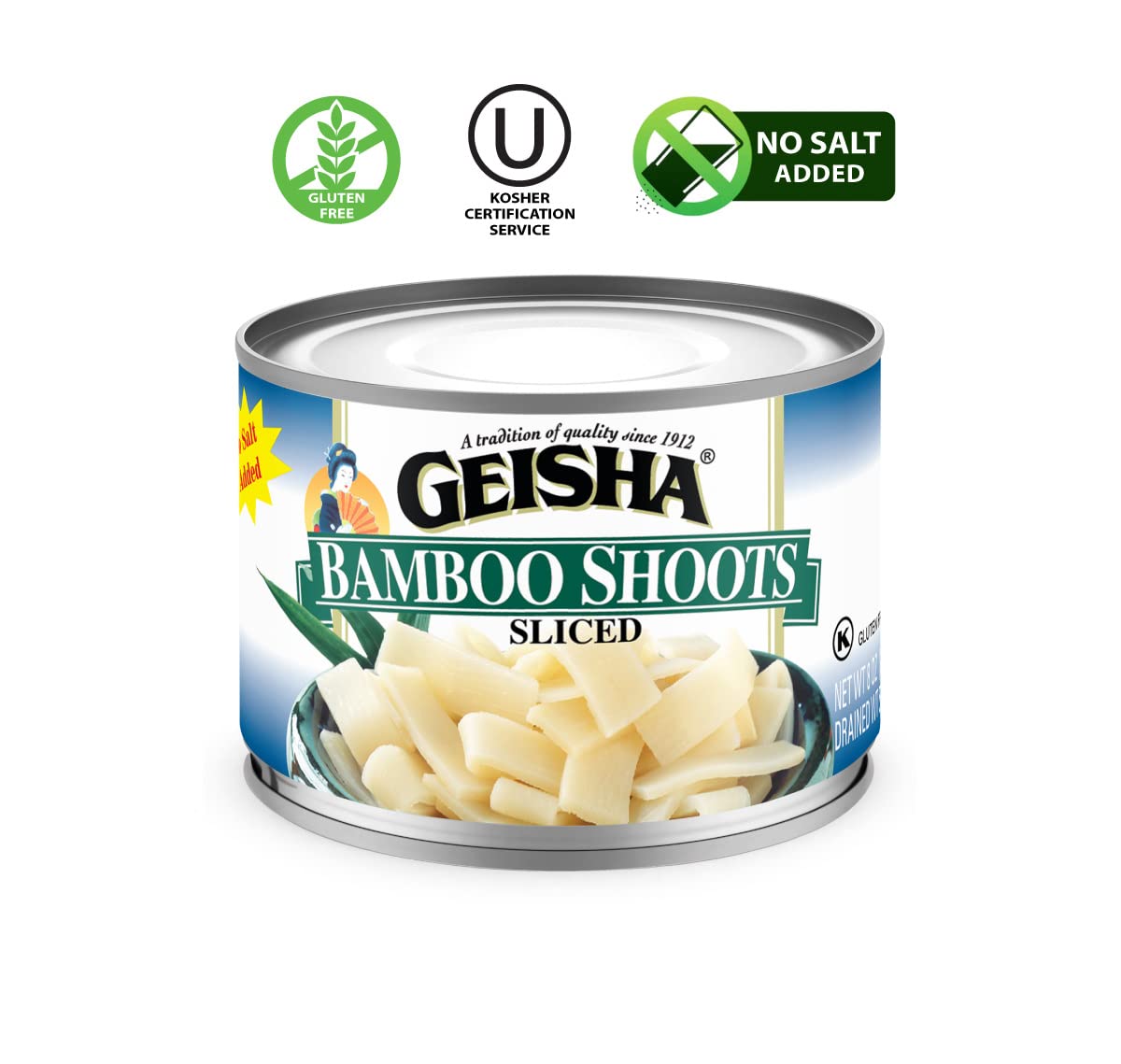 GEISHA Bamboo Shoots Sliced 8OZ. (Pack of 12), Bamboo Shoots | Kosher Certified － No Salt & Sugar added － Gluten Free－Less than 100 Calories per Container