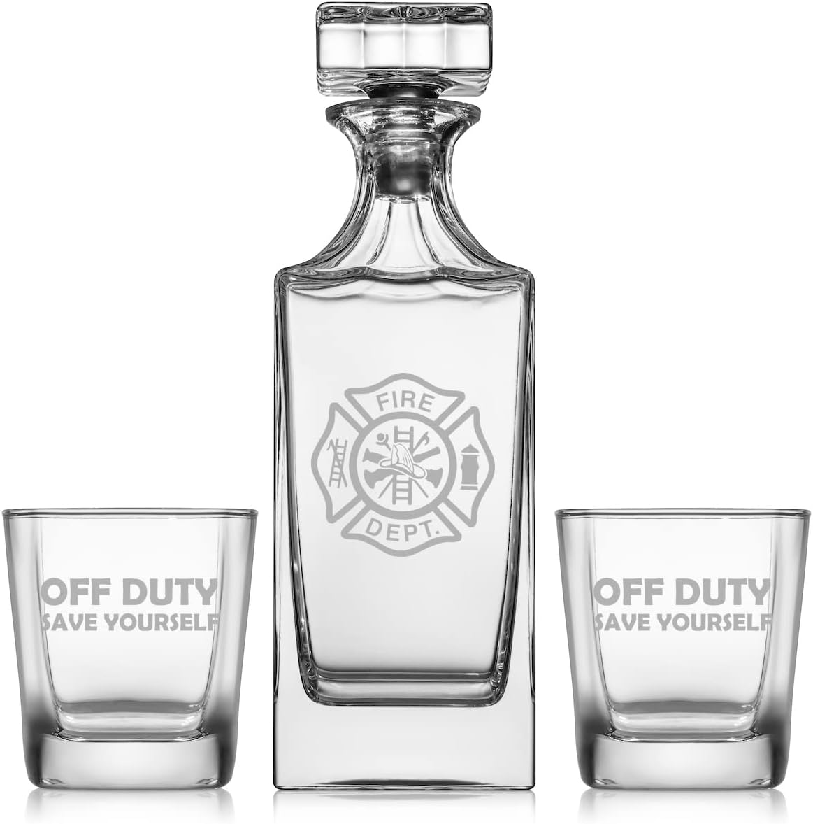 Whiskey Decanter Gift Set With 2 Whiskey Old Fashioned Rocks Glasses Fire Department Firefighter Off Duty Save Yourself Funny