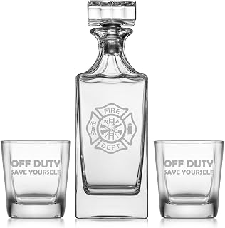Whiskey Decanter Gift Set With 2 Whiskey Old Fashioned Rocks Glasses Fire Department Firefighter Off Duty Save Yourself Funny