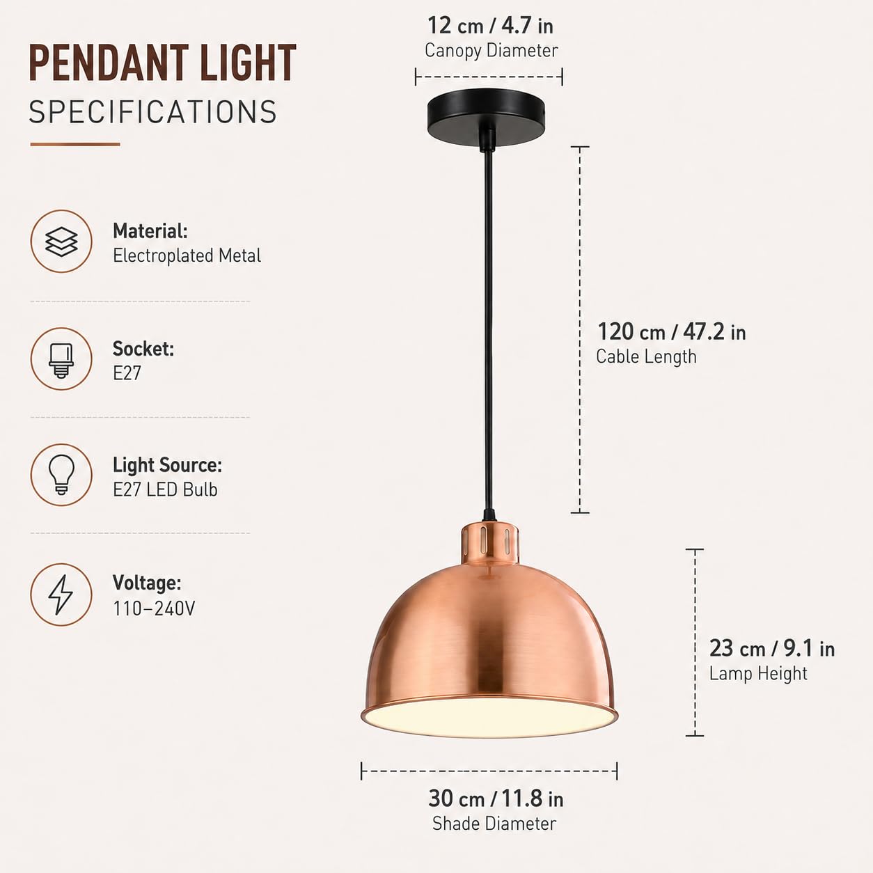Lampadario in rame, paralume in metallo | Lampada a sospensione moderna in ottone, adatta a isole cucina e sale da pranzo.