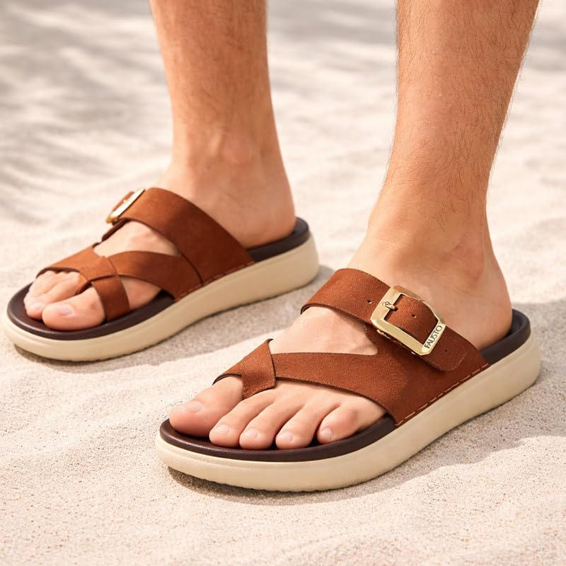 Image of FAUSTO Men Toe Ring Criss Cross Buckle Strap Side Stitched Waterproof Summer Slip On Sandals|Comfort Sole|Lightweight Slippers for Rainy Monsoon Season