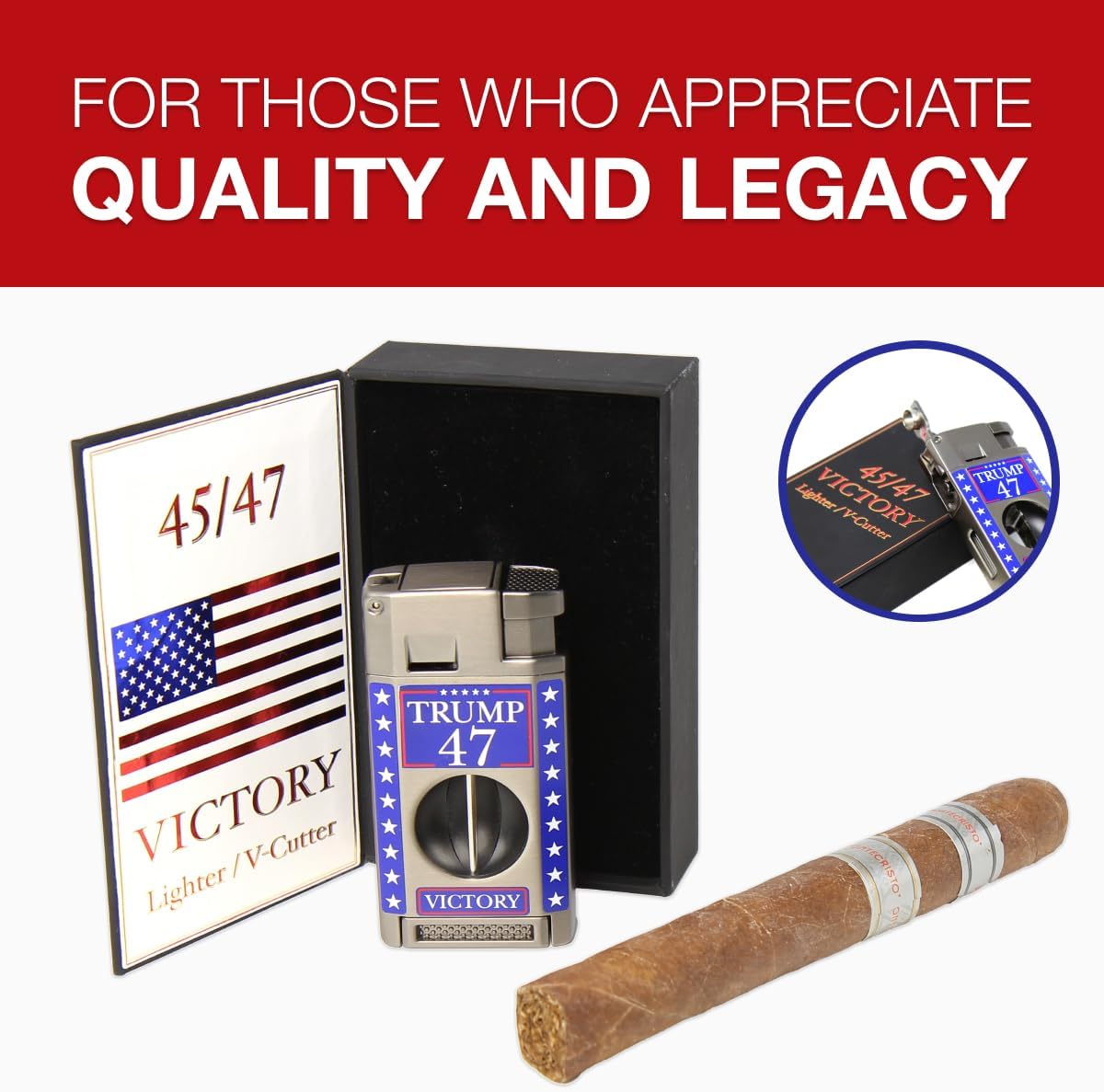 Trump 45/47 Victory Torch Lighter with V-Cutter & Punch – Dual Jet Butane Refillable Cigar Lighter, Windproof, Patriotic Collector's Edition with Display Box, Gift for Supporters
