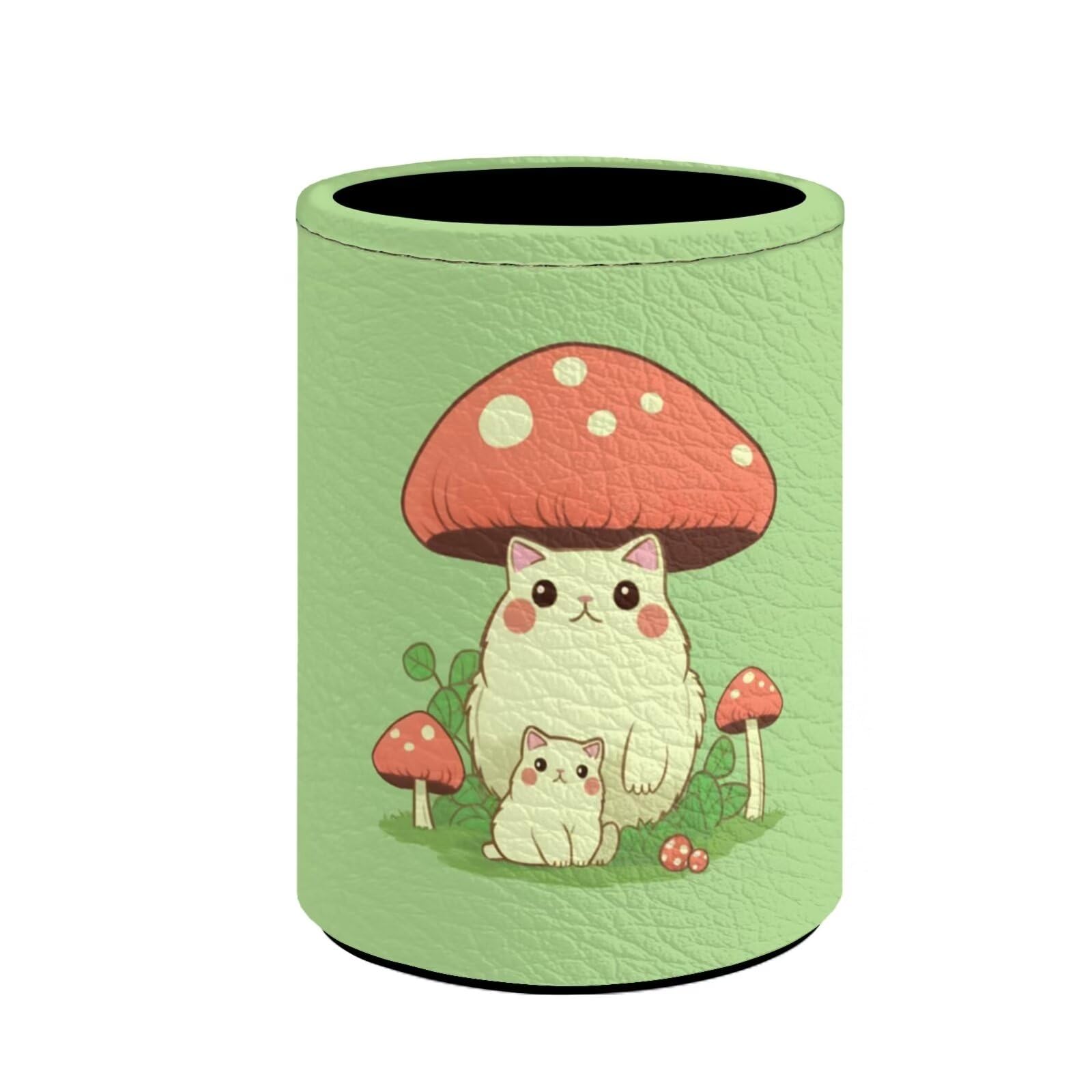 Upetstory Mushroom Cat Pen Holder Leather Pencil Cup Pot Multifunctional Stationery Makeup Brush Storage Pouch Desk Decoration for Women Teen Girls Kids โ image 1