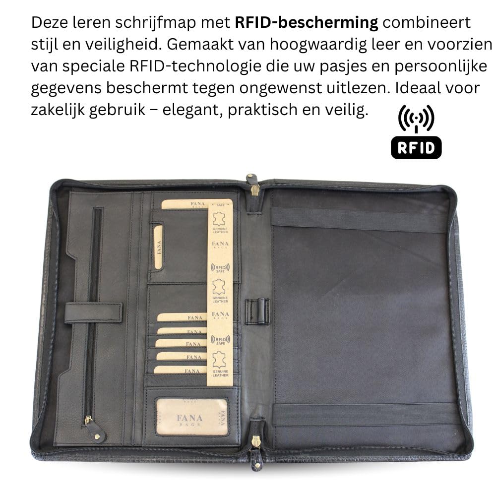 Leder Schreibmappe Croco - Luxus Leder Konferenzmappe mit Reißverschluss - A4 Businessmappe - Geschenk (Schwarz)