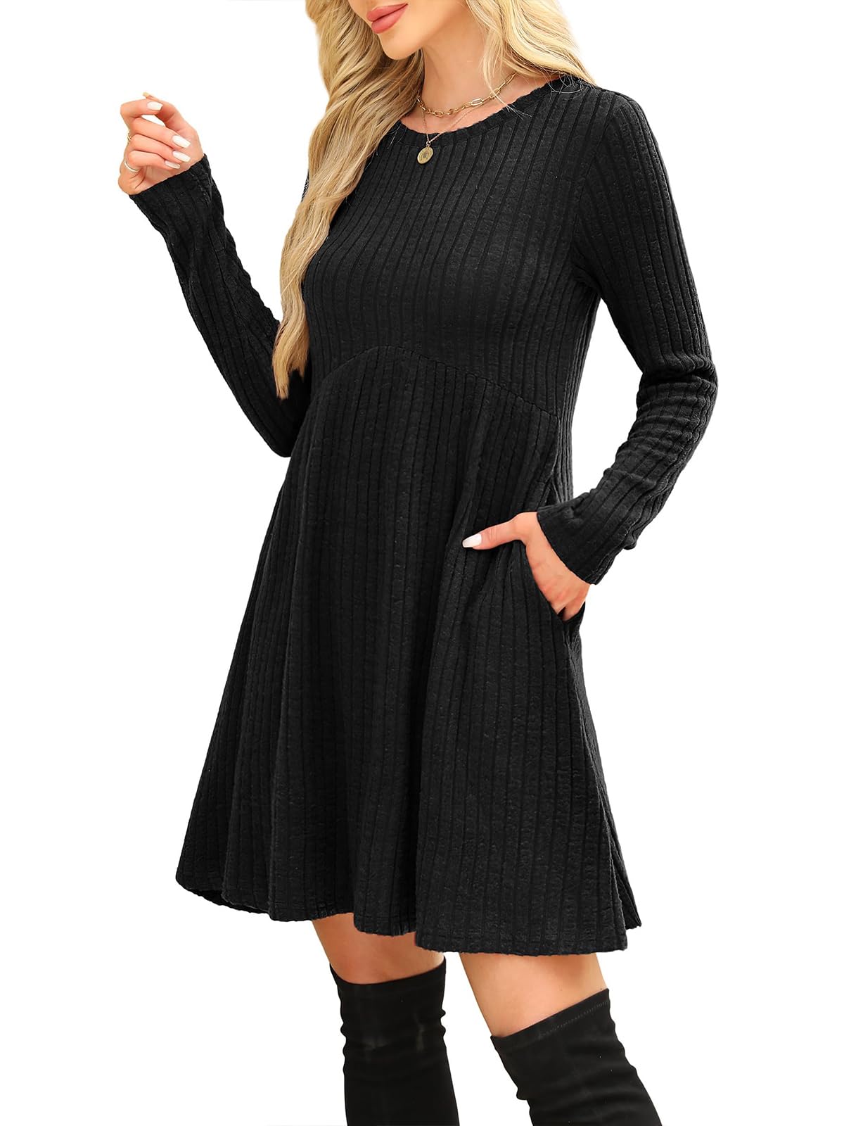 LIAMERHE Damen Elegant Kleid Langarm Rundhals Casual Strickkleid A-Linie Herbstkleid Vertikale Streifen Pulloverkleid Freizeitkleider Winter Kleid Partykleid mit Taschen