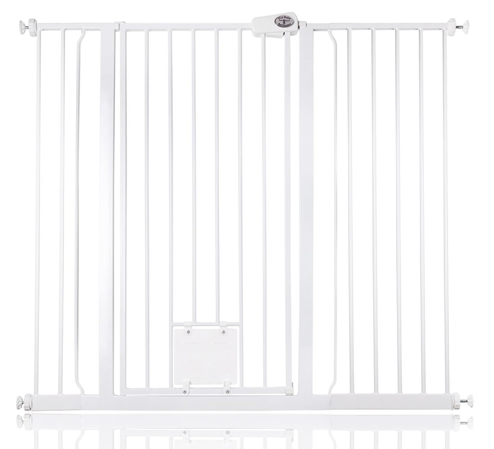 Bettacare White Pet Gate With Lockable Cat Flap, 120.3Cm - 127.9Cm, 104Cm In Height, Extra Tall Dog Safety Barrier With Cat Flap, Easy Installation